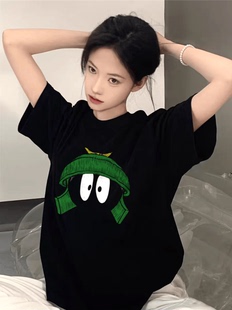 上衣 纯棉卡通印花黑色短袖 t恤女2025新款 夏季 设计感小众宽松半袖
