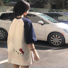 纯棉凯蒂猫插肩撞色短袖t恤女2025新款夏季正肩宽松oversize上衣