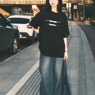t恤女2025新款 夏季 纯棉黑色短袖 爆款 上衣 美式 复古宽松设计感半袖