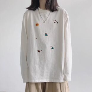 白色纯棉长袖t恤女秋冬爆款美式小狗印花内搭打底衫圆领宽松上衣