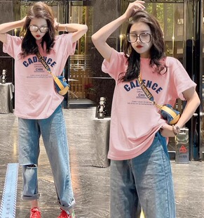 欧货大版 新款 宽松印花设计感小众上衣 T恤女2025夏季 纯棉粉色短袖