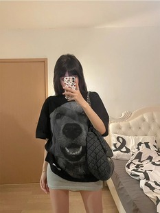 美式高街嘻哈小狗印花黑色短袖T恤女夏季宽松oversize情侣装上衣