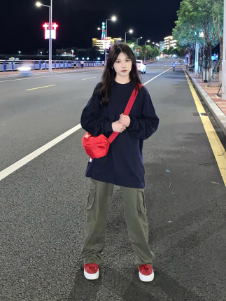 100%纯棉美式复古圆领卫衣女新款2025春秋薄款oversize宽松外套潮