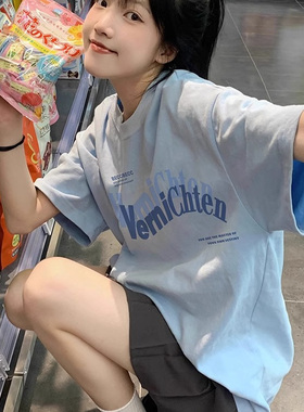 纯棉蓝色正肩短袖t恤女2025新款夏季正肩宽松半袖小众设计感上衣