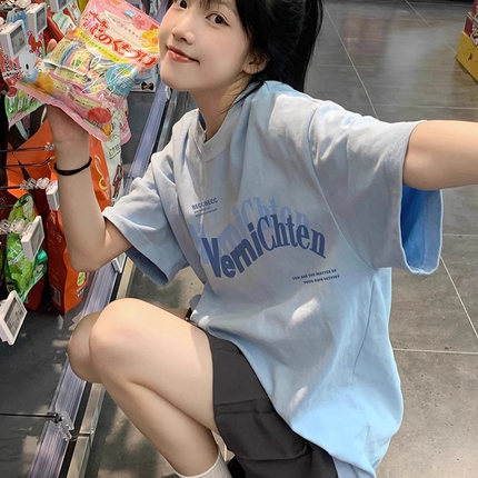 纯棉蓝色正肩短袖t恤女2026新款夏季正肩宽松半袖小众设计感上衣