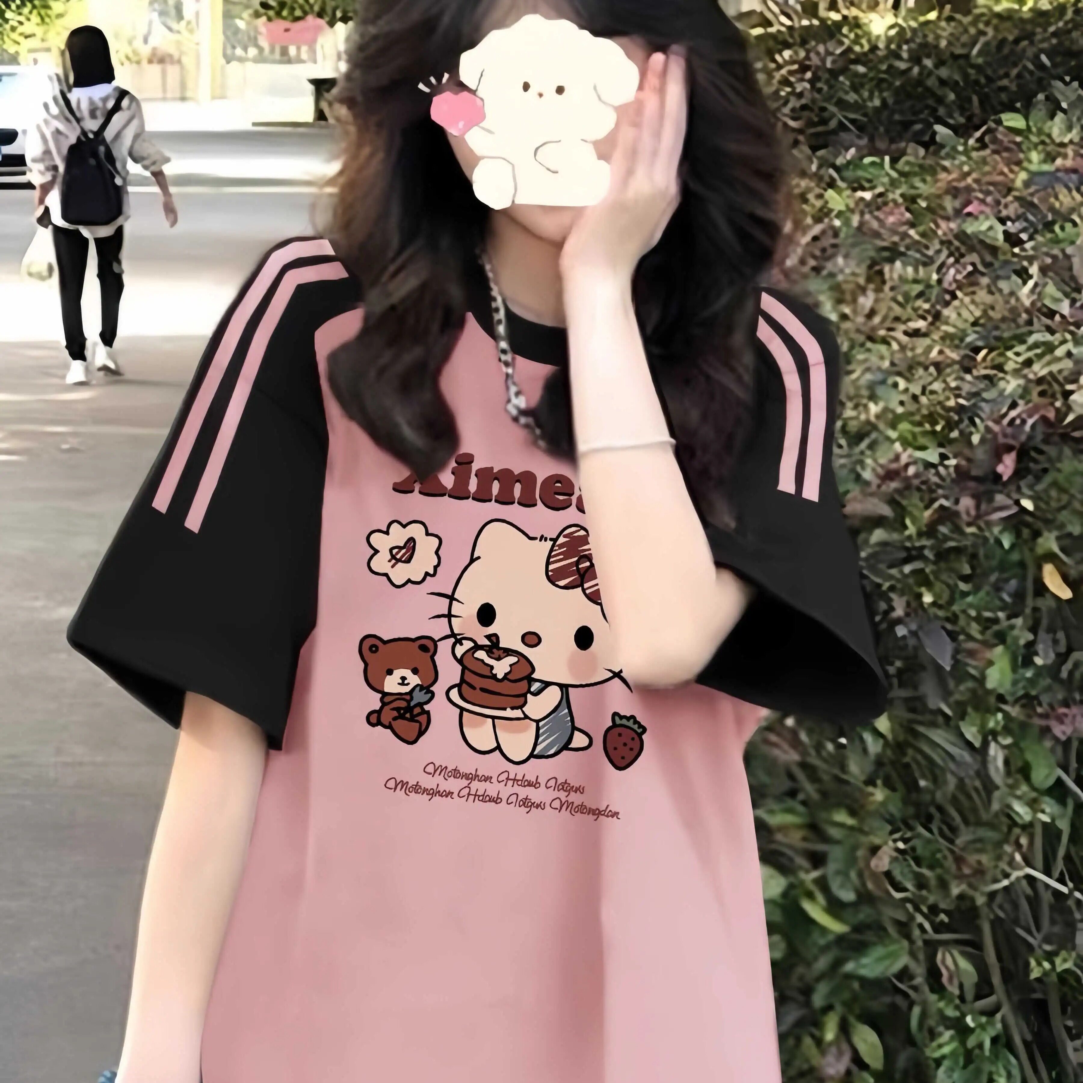 纯棉美式三条杠粉色正肩短袖T恤女2026新款爆款学生半袖宽松上衣