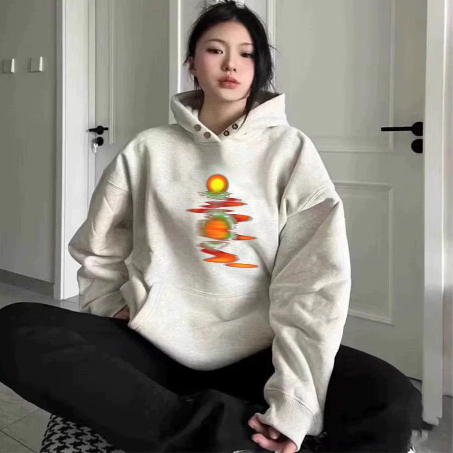 【重磅纯棉】加绒纽扣连帽卫衣女