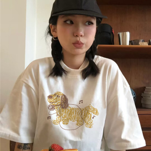 设计感小众上衣服 白色纯棉短袖 t恤女2025新款 夏季 宽松慵懒风半袖