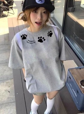 纯棉灰色短袖T恤女美式慵懒风猫爪印宽松圆领小众设计感独特上衣