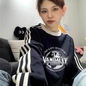 国潮牌美式 复古三条杠圆领卫衣女秋冬加绒加厚宽松设计感小众外套