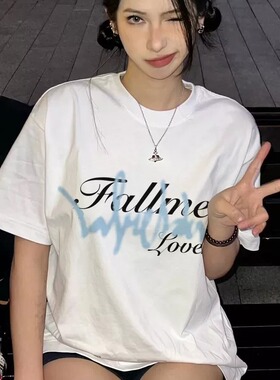 简约白色纯棉短袖美式小众字母印花T恤女2026新款慵懒风宽松上衣
