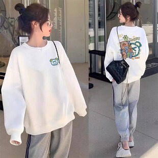 纯棉卡通白色圆领卫衣女秋冬季加绒加厚显瘦宽松春秋款小个子上衣