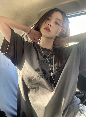 烟灰色短袖t恤女纯棉夏季美式复古宽松高级感半袖体恤ins潮牌上衣