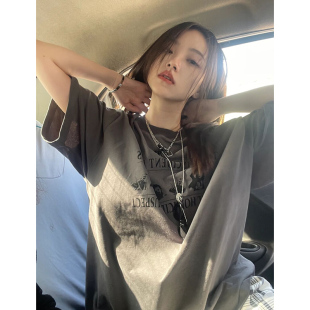烟灰色短袖t恤女纯棉夏季美式复古宽松高级感半袖体恤ins潮牌上衣