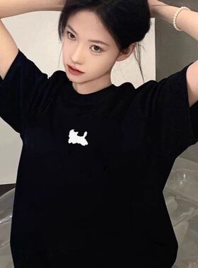 纯棉美式黑色正肩短袖t恤女2025新款爆款设计感小众半袖宽松上衣