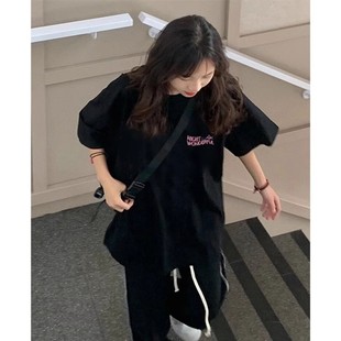 t恤女2025新款 夏季 纯棉黑色短袖 爆款 上衣 美式 潮牌宽松设计感半袖