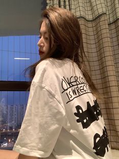 上衣ins潮 白色短袖 t恤女夏季 宽松美式 复古oversize设计感小众半袖