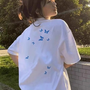 正肩宽松设计感小众半袖 白色纯棉短袖 美式 t恤女2025新款 上衣 夏季