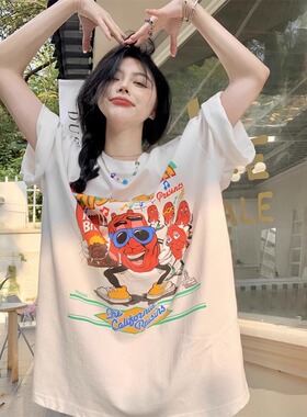 100%纯棉白色卡通涂鸦短袖t恤女2025新款夏季设计感小众宽松上衣