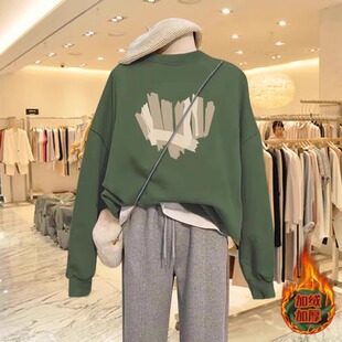 墨绿色圆领卫衣女秋冬2025新款 加绒加厚欧货休闲宽松无帽上衣 爆款