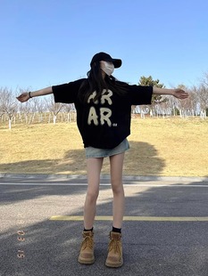 纯棉美式 oversize宽松上衣 复古潮牌印花黑色短袖 T恤女夏2025新款