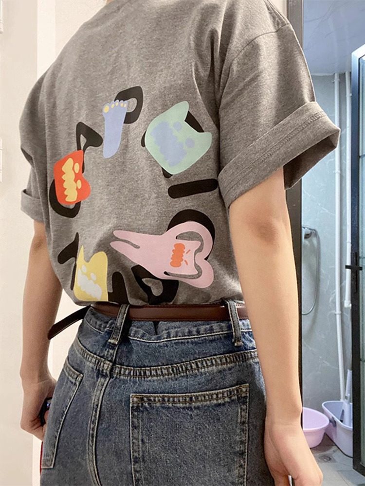 纯棉美式灰色短袖t恤女2025新款别致设计感小众港味复古chic上衣,女装/女士精品,T恤,淘宝优惠券,粉丝福利购,淘宝优惠卷