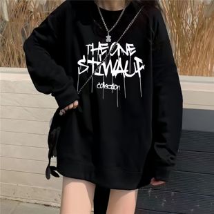 美式 春秋季 复古宽松慵懒无帽上衣 爆款 纯棉黑色圆领卫衣女2025新款