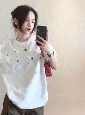 白色纯棉正肩短袖t恤女2025新款夏季美式高街宽松百搭设计感上衣
