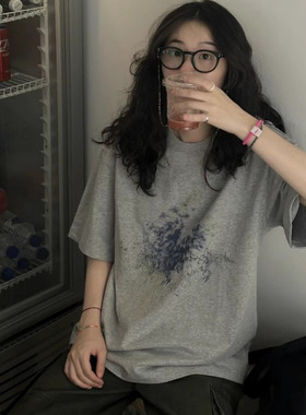纯棉美式灰色短袖t恤女2026新款爆款夏季宽松正肩设计感半袖上衣