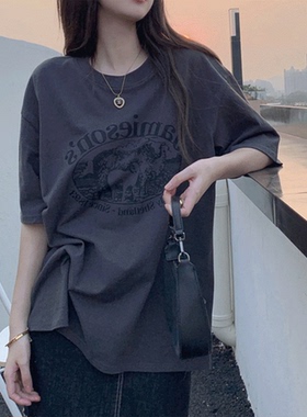 烟灰色t恤女短袖宽松纯棉2025夏季美式复古设计感小众ins潮牌上衣