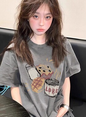 灰色纯棉正肩短袖t恤女2025新款夏季韩系慵懒风宽松美式半袖上衣