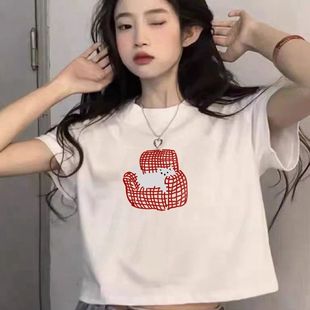 白色纯棉短袖 甜酷上衣 t恤女2025新款 正肩设计感小众高腰露脐短款