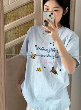 蓝色纯棉短袖T恤女2025新款夏季正肩韩系慵懒宽松半袖设计感上衣