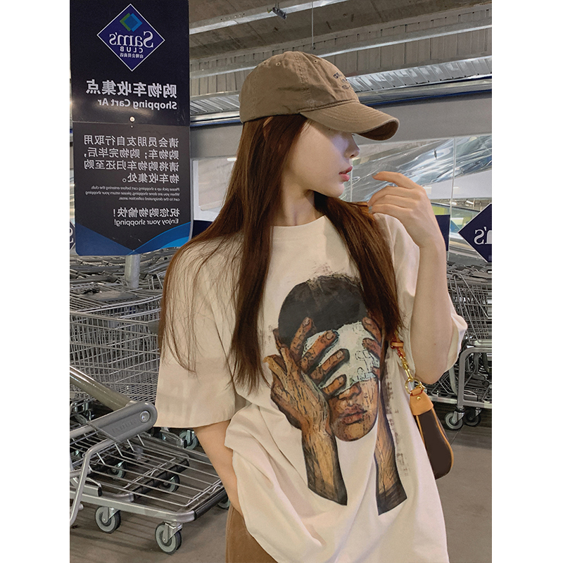 短袖美式复古常规印花纯棉女
