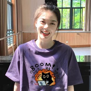 半袖 纯棉紫色短袖 正肩设计感小众美式 t恤女2025新款 体恤上衣 夏季