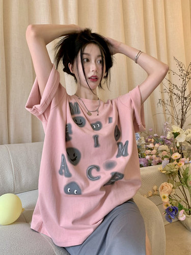 短袖美式复古常规印花纯棉女