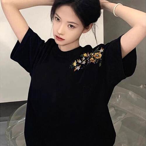 短袖宽松重磅纯棉正肩T恤女宽松