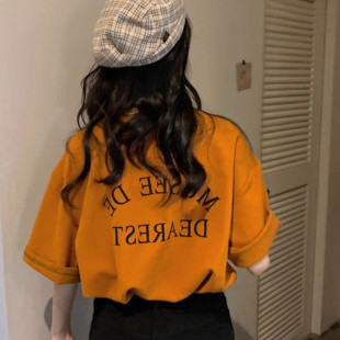 夏季 纯棉橘色短袖 t恤女2025新款 爆款 上衣 正肩宽松设计感小众半袖