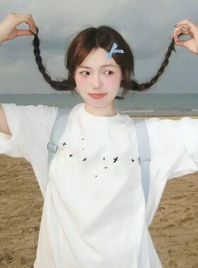 纯棉白色正肩短袖t恤女2025新款爆款设计感小众美式半袖宽松上衣