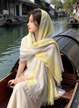 纯亚麻春秋新款旅游文艺民族风百搭围巾日系夏季女丝巾防晒披肩