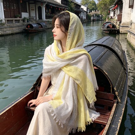 纯亚麻春秋新款旅游文艺民族风百搭围巾日系夏季女丝巾防晒披肩