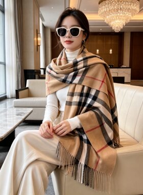 高级感英伦风格子仿羊绒围巾女秋冬季韩版流苏披肩百搭保暖围脖