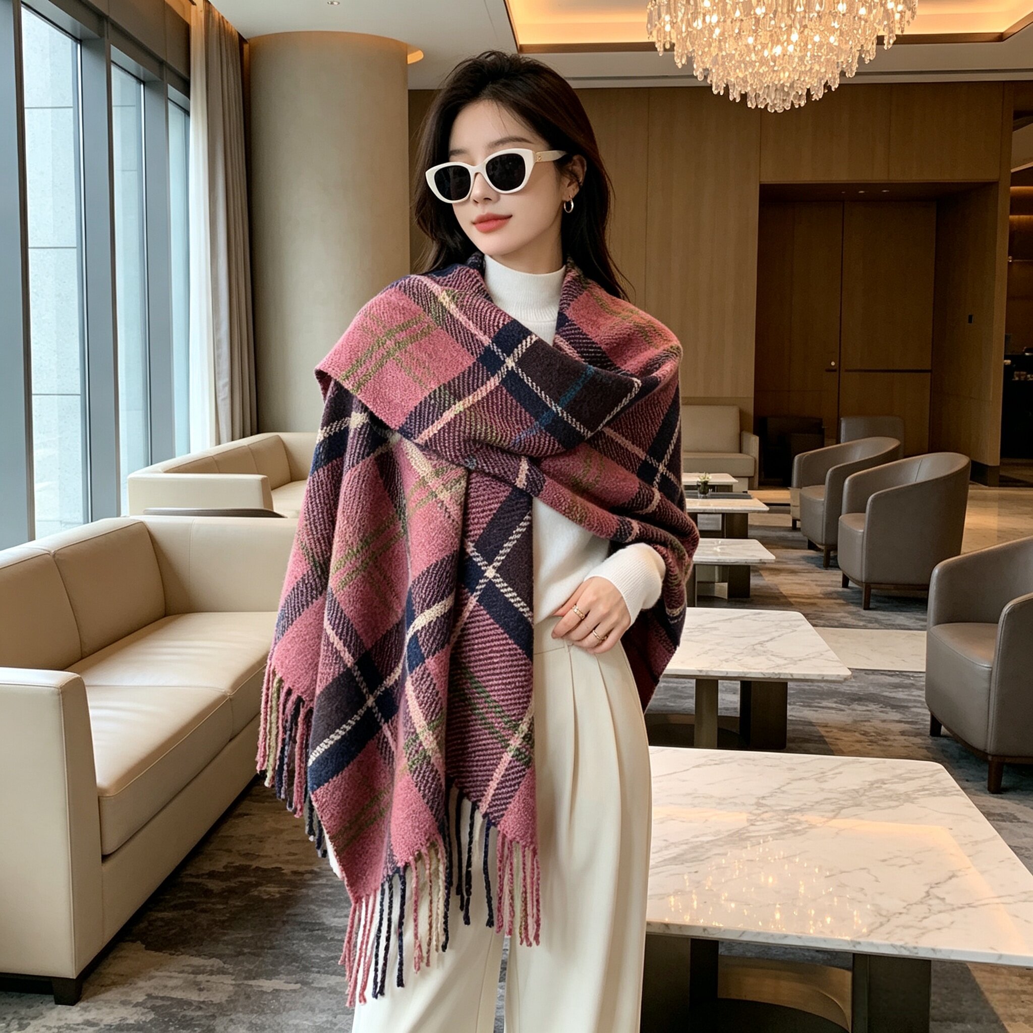高级感英伦风格纹三角披肩围巾女秋冬季流苏韩版百搭保暖时尚围脖