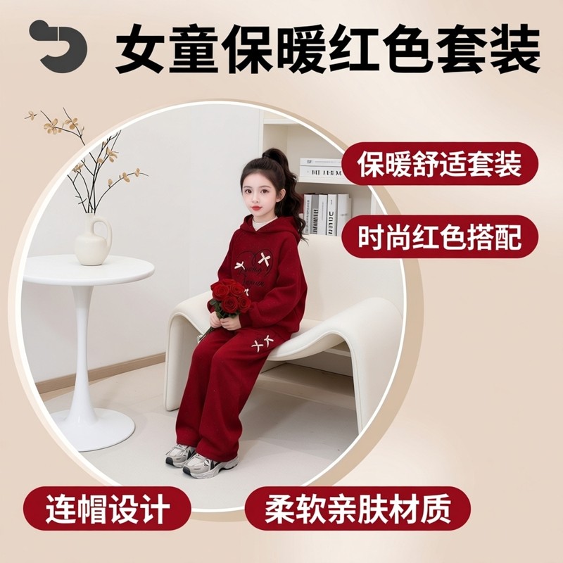 女童加绒套装秋冬季新款儿童红色拜年服小女孩连帽卫衣冬装两件套,童装/婴儿装/亲子装,儿童运动套装,淘宝优惠券,粉丝福利购,淘宝优惠卷