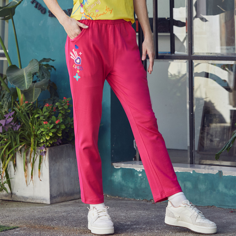 La Pagayo拉柏家雅春夏新品女装直筒裤印花松紧腰休闲针织九分裤