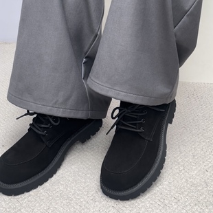 复古低帮百搭圆头反绒磨砂牛皮鞋男黑色细带韩版潮流商务休闲男鞋