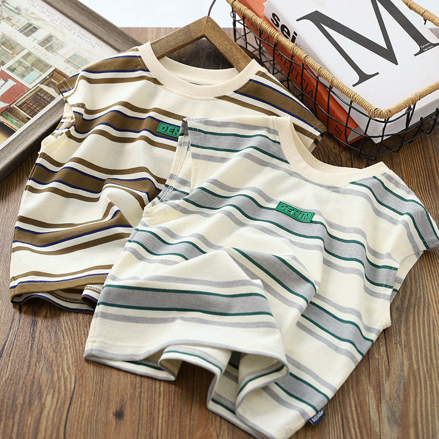 男童薄款背心儿童条纹无肩袖t恤夏装2023新款中大童韩版夏季上衣