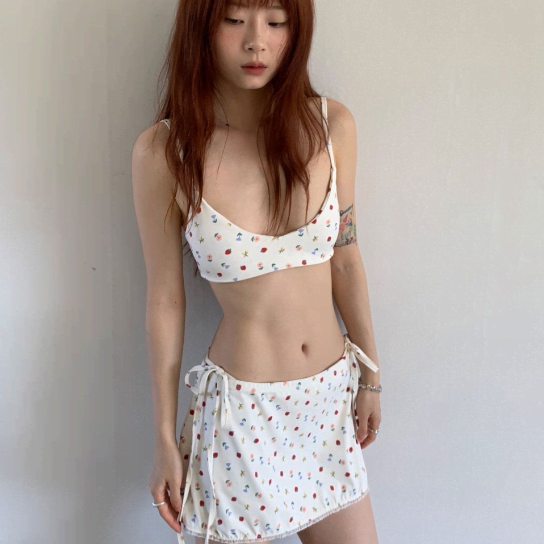 韩国小清新碎花绑带分体泳衣女性感比基尼裙式三件套海边度假泳装