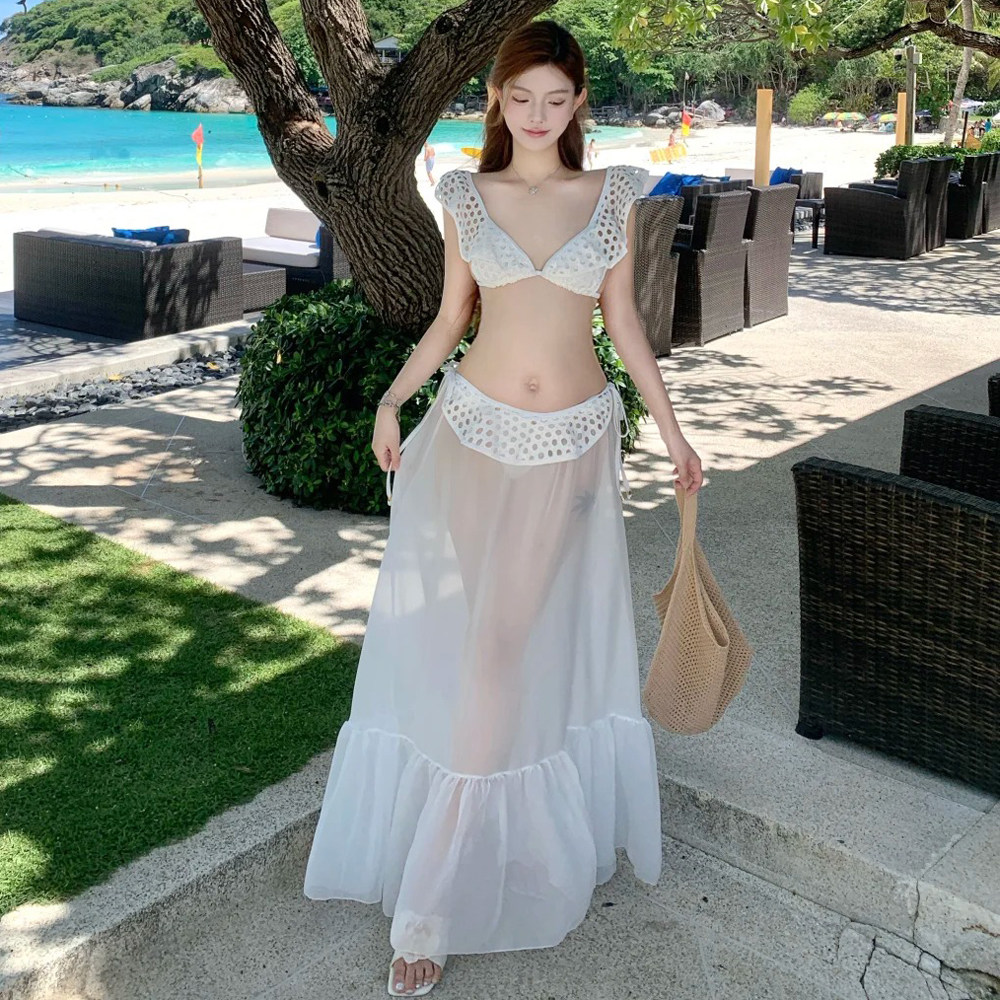 网红款白色荷叶边分体比基尼泳衣比基尼