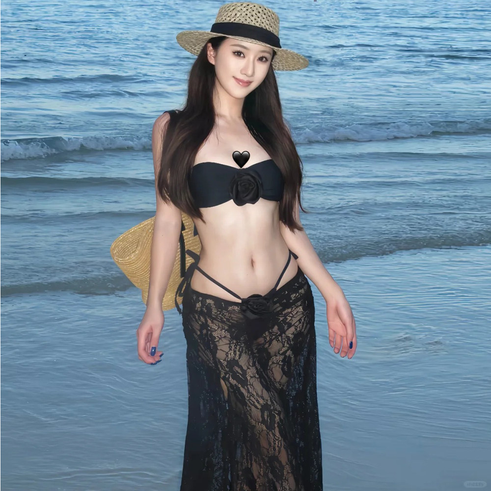 黑色泳衣女花朵抹胸聚拢分体泳衣女沙滩长裙比基尼三件套性感泳装